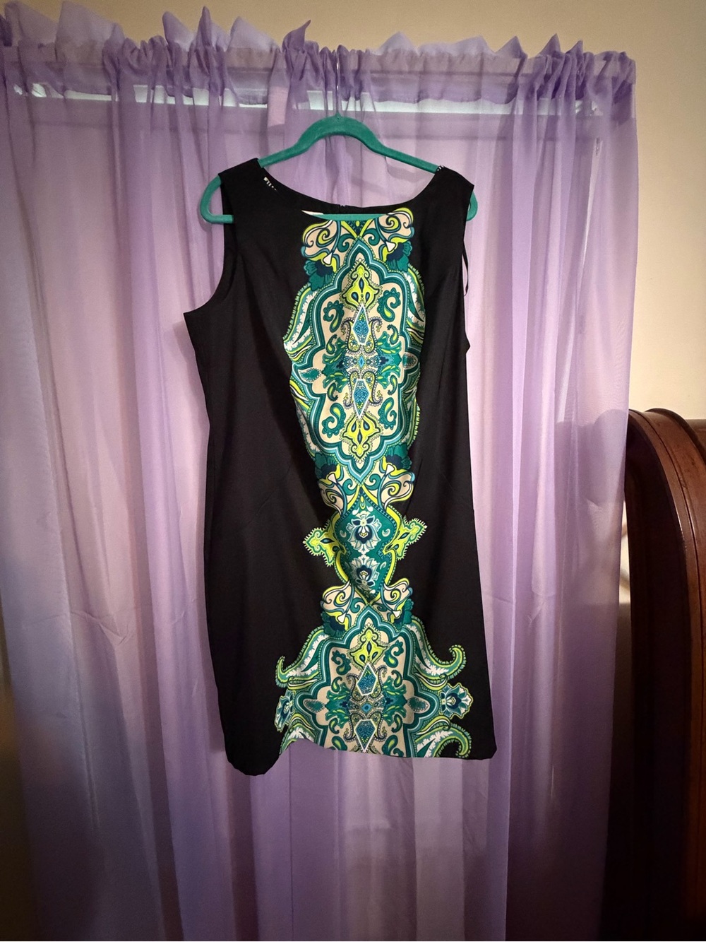 Kim Rogers Black Mini Dress with Teal and Lime Medallion Print